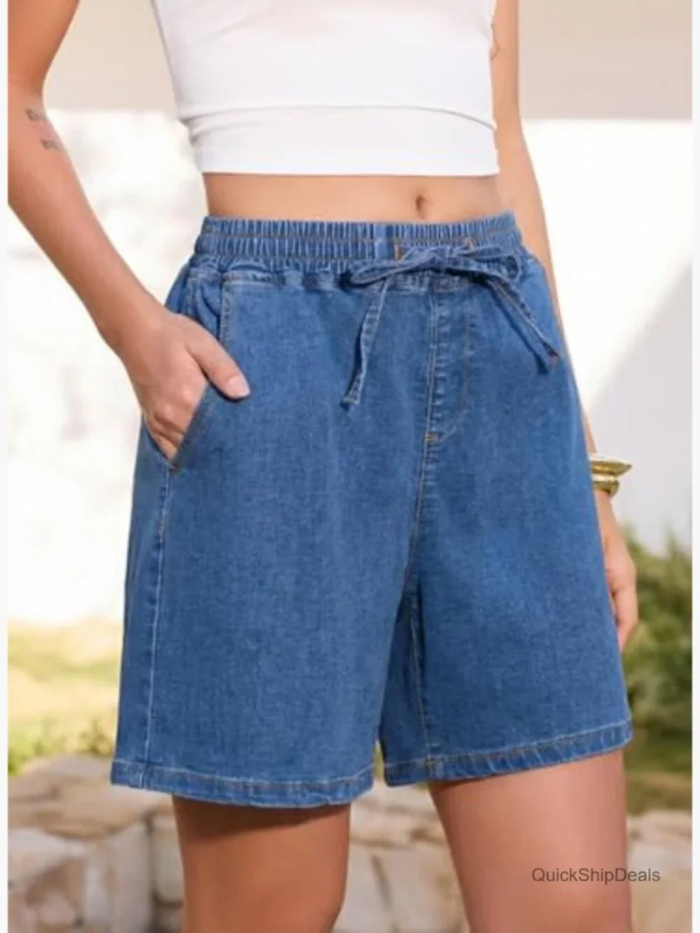 High Waisted Jean Shorts with Drawstring Elastic Waist Baggy Denim Shorts
